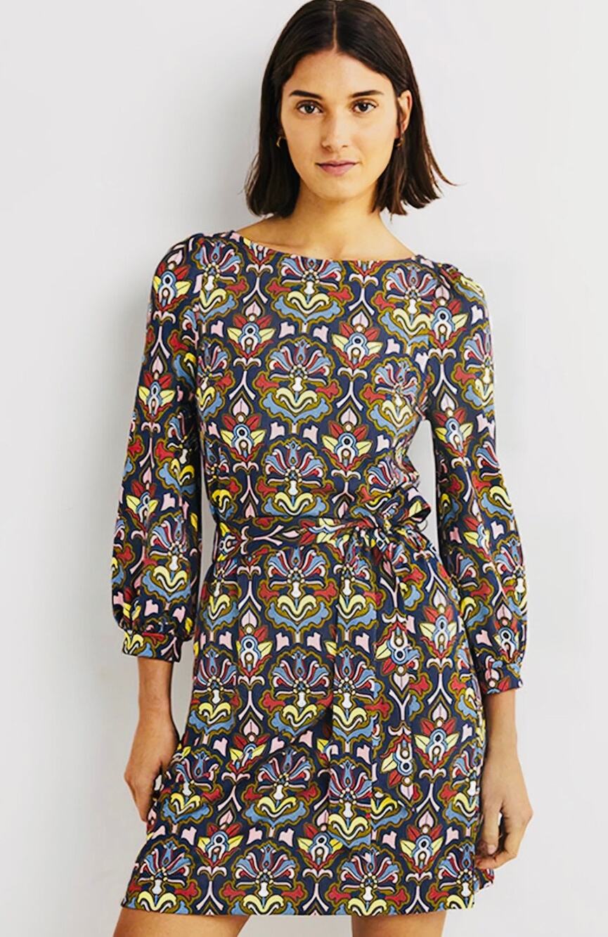 Boden Tie detail jersey shift dress size 12 french navy geo whirl pattern